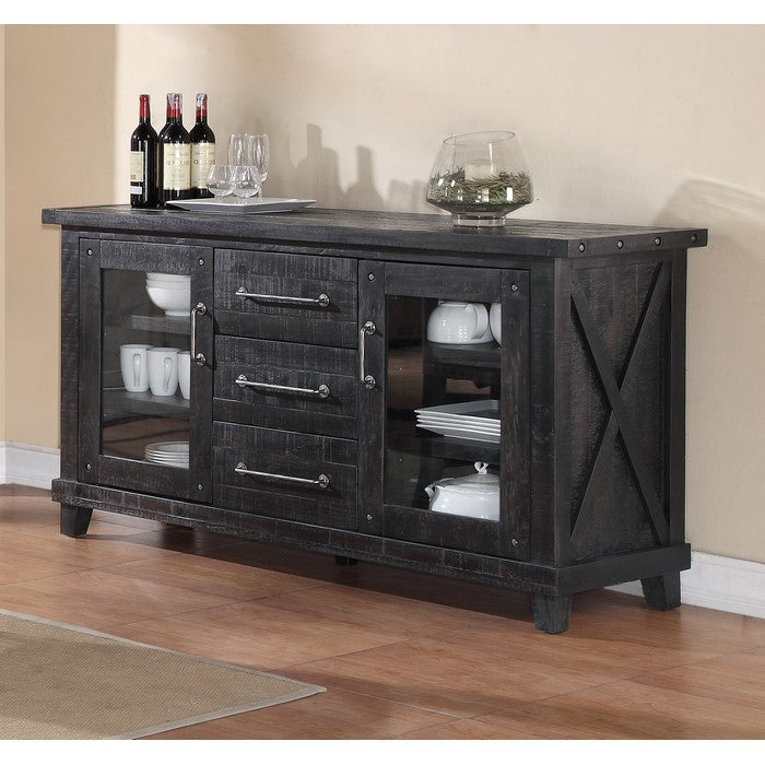 Multi Storage Wooden Sideboard with Two Glass Door Cabinets and Three Drawers, Brown