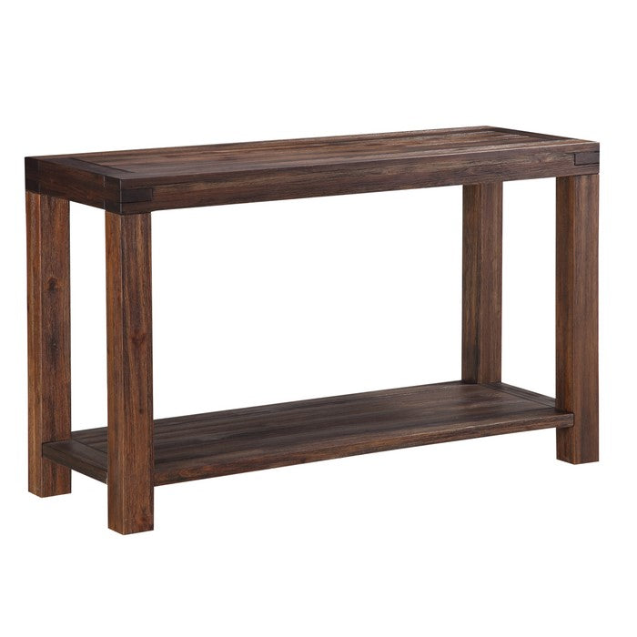 Rectangular Console Table with Tenon Corner Joints and Bottom Shelf , Brick Brown