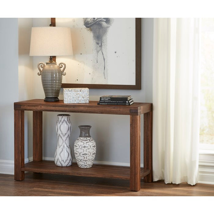 Rectangular Console Table with Tenon Corner Joints and Bottom Shelf , Brick Brown