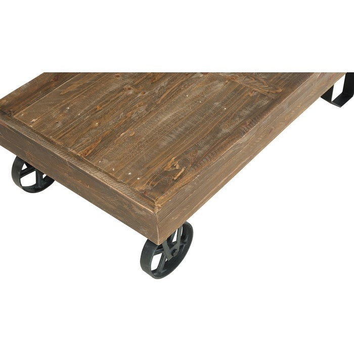 Rectangular Thick Wood Top Coffee Table with Sand Cast Metal Base, Brown