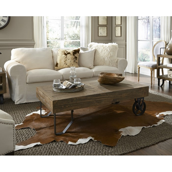 Rectangular Thick Wood Top Coffee Table with Sand Cast Metal Base, Brown