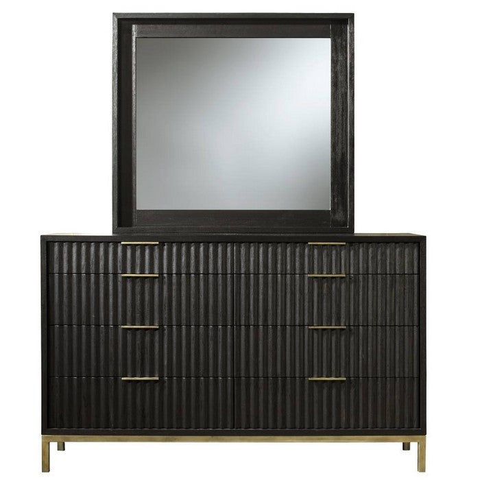 Scalloped Front Eight Drawer Dresser with Top Mount Brass Pull and Tubular Steel Base, Black