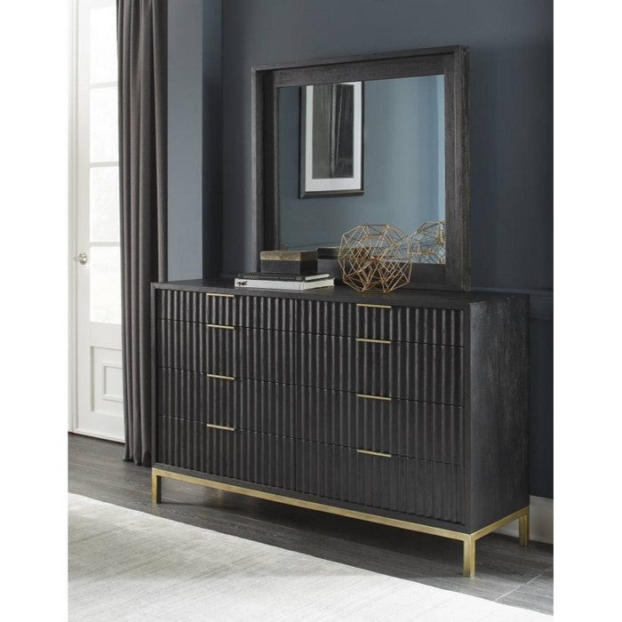 Scalloped Front Eight Drawer Dresser with Top Mount Brass Pull and Tubular Steel Base, Black