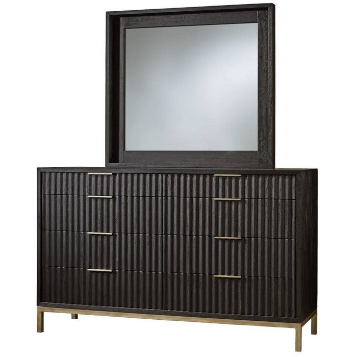 Scalloped Front Eight Drawer Dresser with Top Mount Brass Pull and Tubular Steel Base, Black