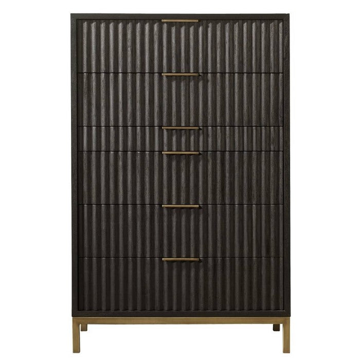 Scalloped Front Six Drawer Chest with Top Mount Brass Pull and Tubular Steel Base, Black