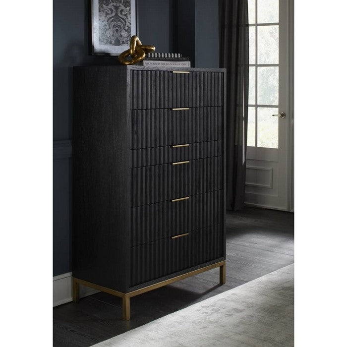 Scalloped Front Six Drawer Chest with Top Mount Brass Pull and Tubular Steel Base, Black