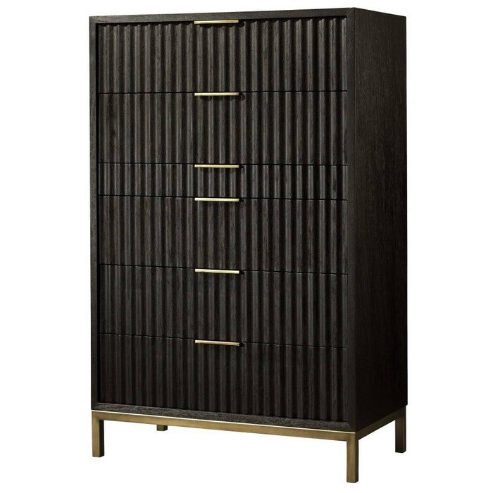 Scalloped Front Six Drawer Chest with Top Mount Brass Pull and Tubular Steel Base, Black