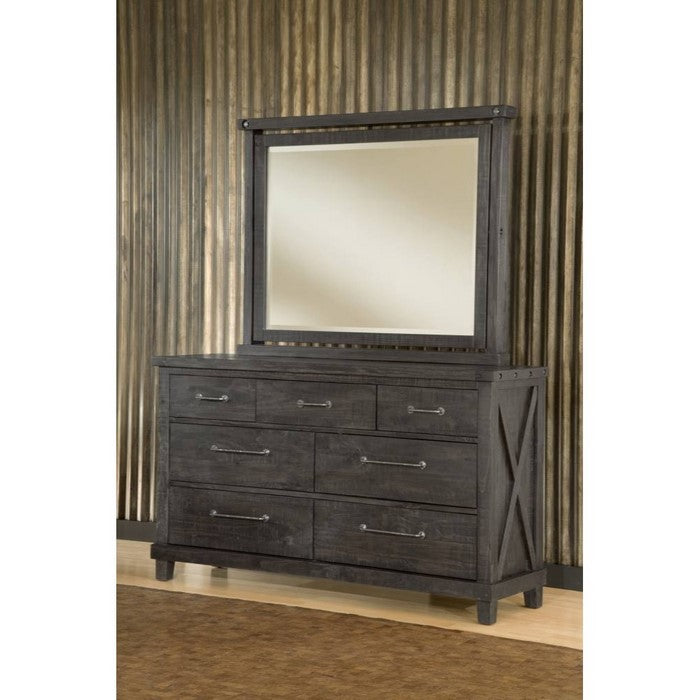 Seven Drawer Dresser with Exposed Bolts and Hammered Metal Drawer Pull, Dark Brown