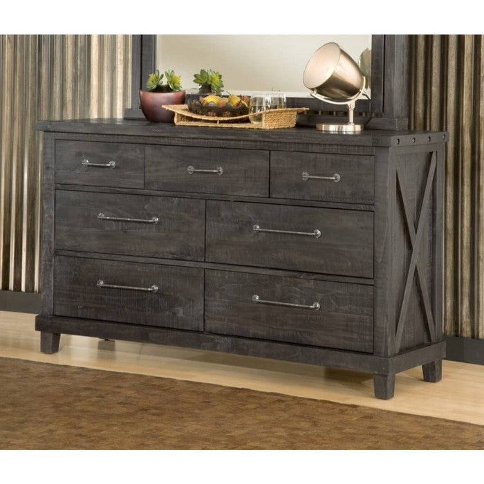 Seven Drawer Dresser with Exposed Bolts and Hammered Metal Drawer Pull, Dark Brown