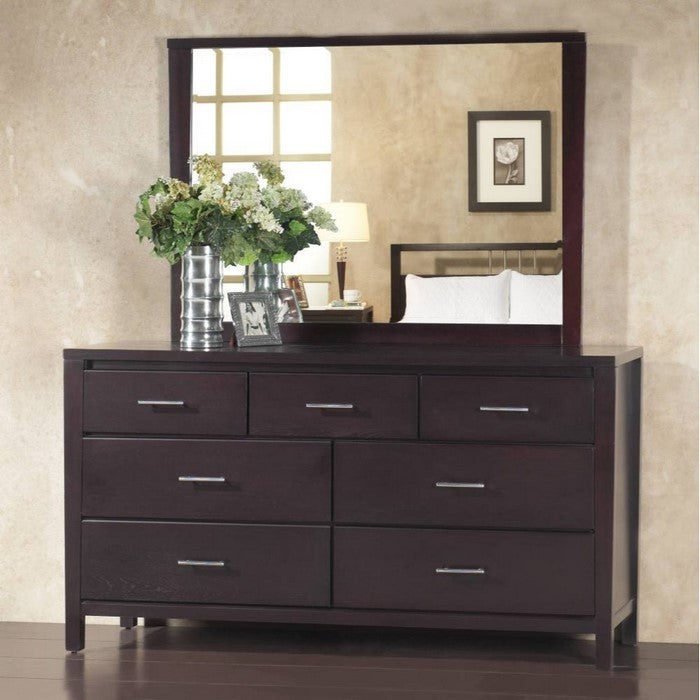 Seven Drawer Wooden Dresser with Metal Pull Handles, Espresso Brown