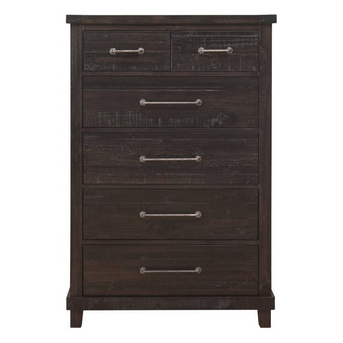 Six Drawer Chest with Exposed Bolts and Hammered Metal Drawer Pull, Dark Brown