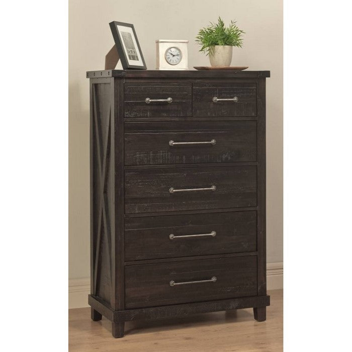 Six Drawer Chest with Exposed Bolts and Hammered Metal Drawer Pull, Dark Brown