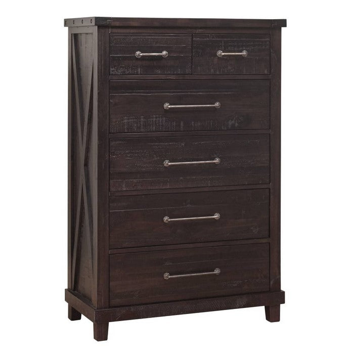 Six Drawer Chest with Exposed Bolts and Hammered Metal Drawer Pull, Dark Brown