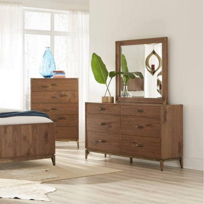 Six Drawer Dresser with Bronzed Brass Corner Brackets and Base, Natural Walnut Brown