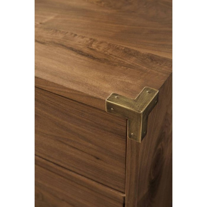 Six Drawer Dresser with Bronzed Brass Corner Brackets and Base, Natural Walnut Brown
