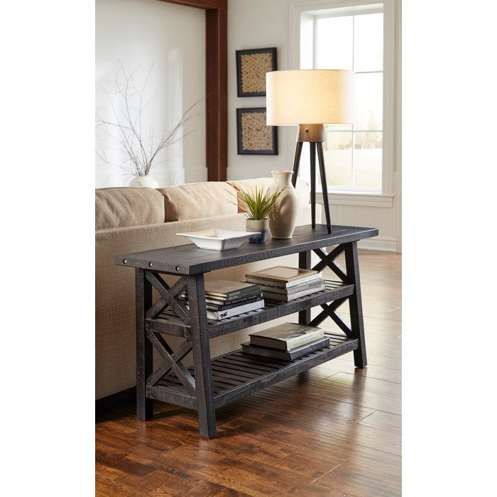 Slatted Two Tier Console table with Cross Side Panels, Rustic Cafe Brown