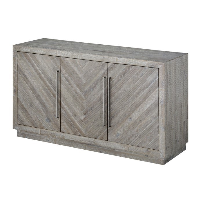 Three Door Wooden Sideboard with Sleek Metal Handle Pull, Rustic Latte Gray