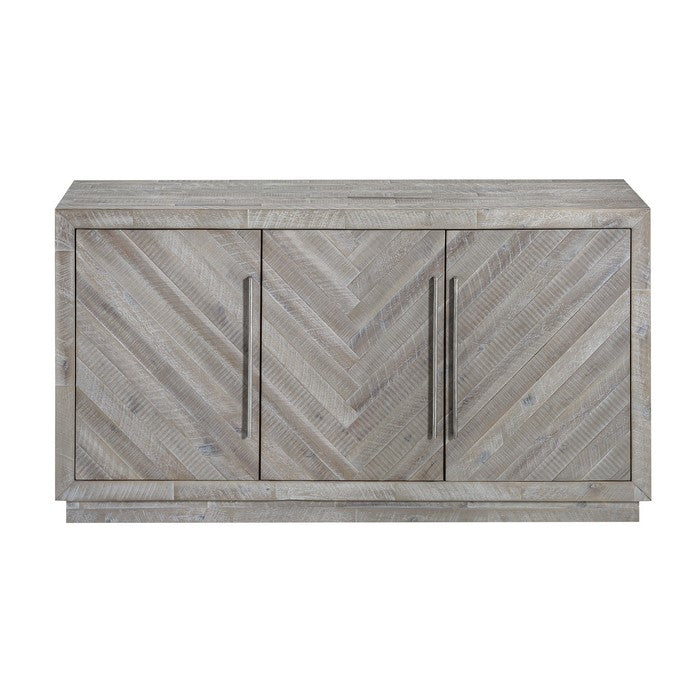 Three Door Wooden Sideboard with Sleek Metal Handle Pull, Rustic Latte Gray