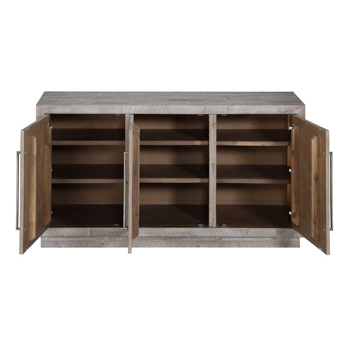 Three Door Wooden Sideboard with Sleek Metal Handle Pull, Rustic Latte Gray