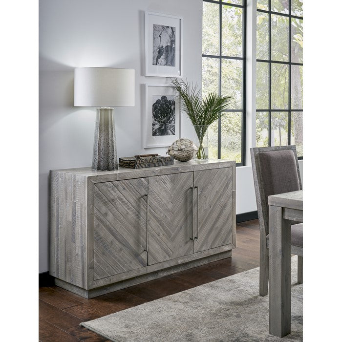 Three Door Wooden Sideboard with Sleek Metal Handle Pull, Rustic Latte Gray