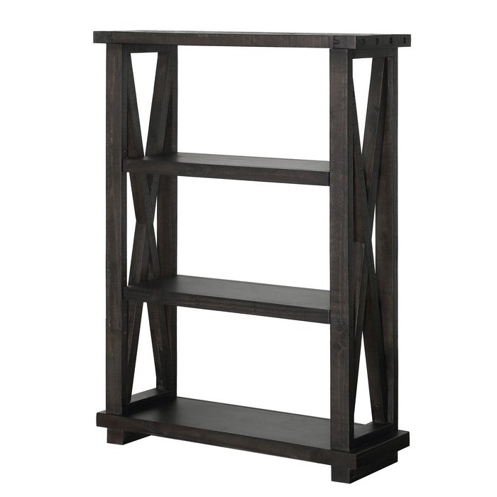 Three Tier Wooden Bookshelf with Exposed Bolts and Rustic Cross Bracing, Brown