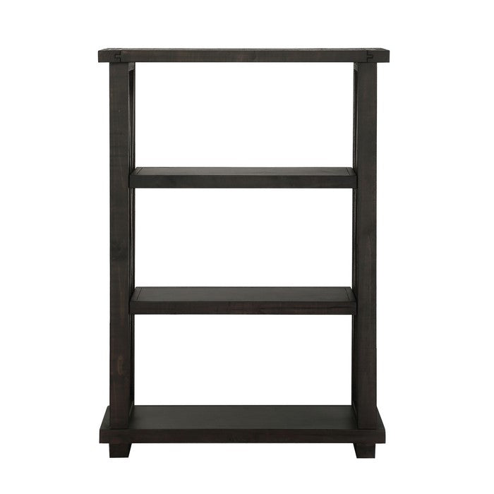 Three Tier Wooden Bookshelf with Exposed Bolts and Rustic Cross Bracing, Brown