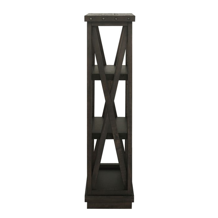 Three Tier Wooden Bookshelf with Exposed Bolts and Rustic Cross Bracing, Brown