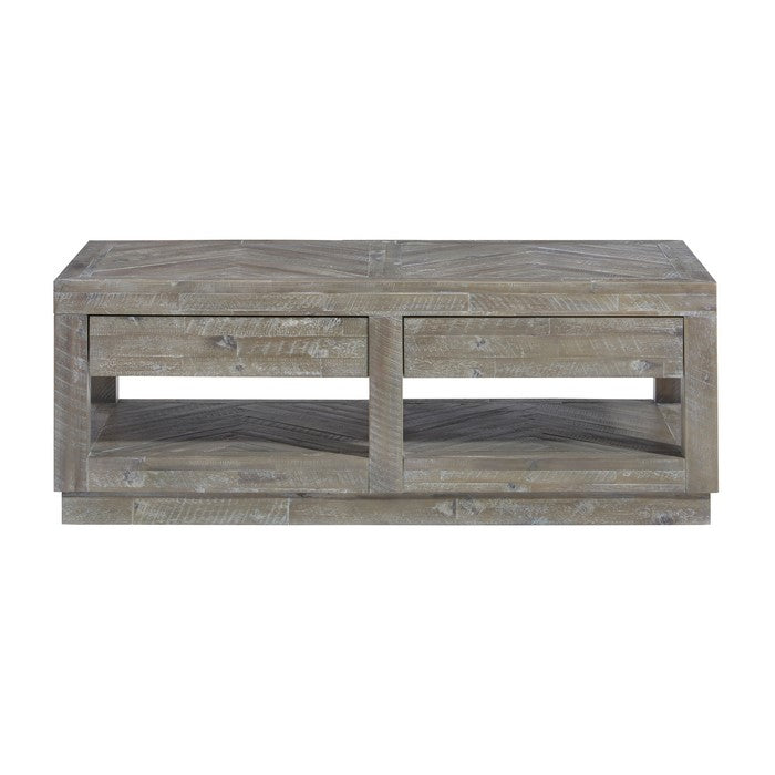 Two Drawer and Bottom Shelf Coffee Table with Flattened Base, Rustic Latte Gray