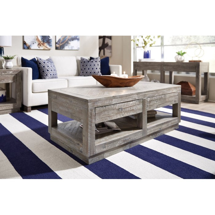 Two Drawer and Bottom Shelf Coffee Table with Flattened Base, Rustic Latte Gray