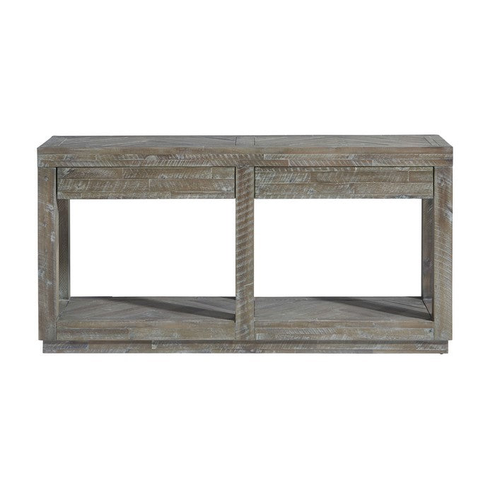 Two Drawer and Bottom Shelf Console Table with Flattened Base, Rustic Latte Gray