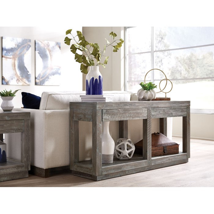 Two Drawer and Bottom Shelf Console Table with Flattened Base, Rustic Latte Gray