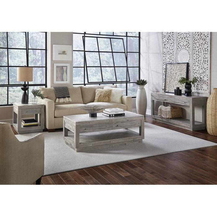 Two Drawer and One Bottom Shelf Coffee Table with Metal Handle Pull, Rustic Latte Gray