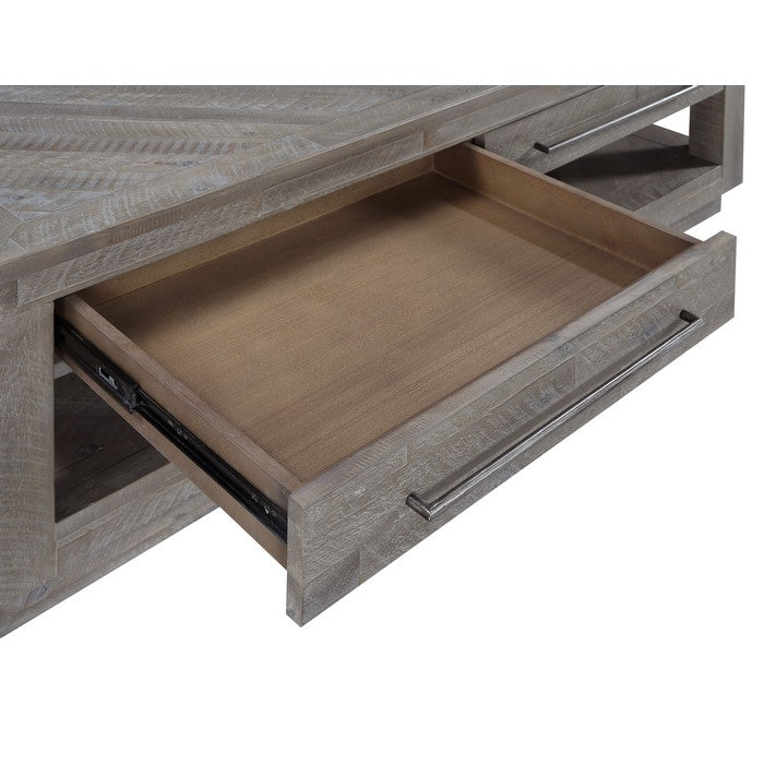 Two Drawer and One Bottom Shelf Coffee Table with Metal Handle Pull, Rustic Latte Gray