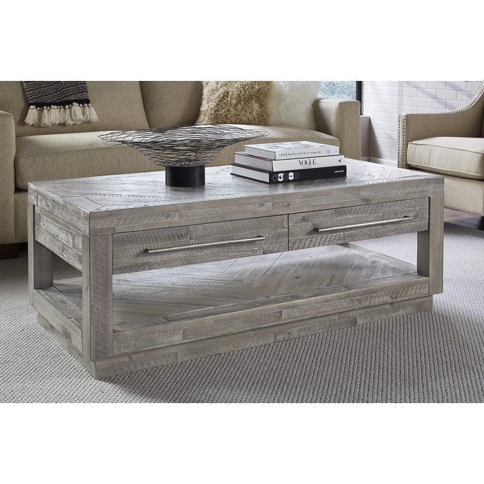 Two Drawer and One Bottom Shelf Coffee Table with Metal Handle Pull, Rustic Latte Gray