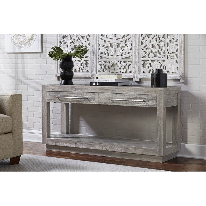 Two Drawer and One Bottom Shelf Console Table with Metal Handle Pull, Rustic Latte Gray