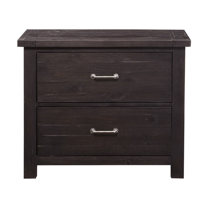 Two Drawer Wooden File Cabinet with Metal Handle Pull and Crossed Side Plank, Cafe Brown