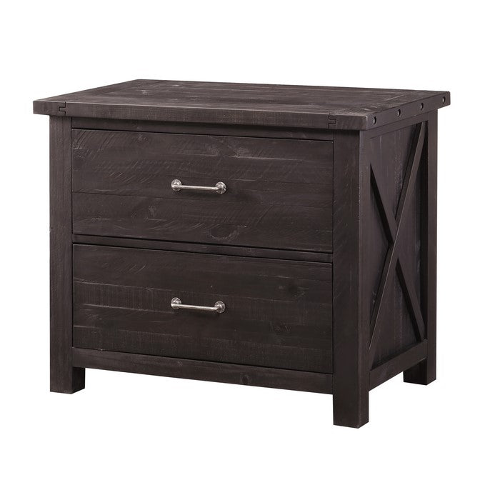 Two Drawer Wooden File Cabinet with Metal Handle Pull and Crossed Side Plank, Cafe Brown
