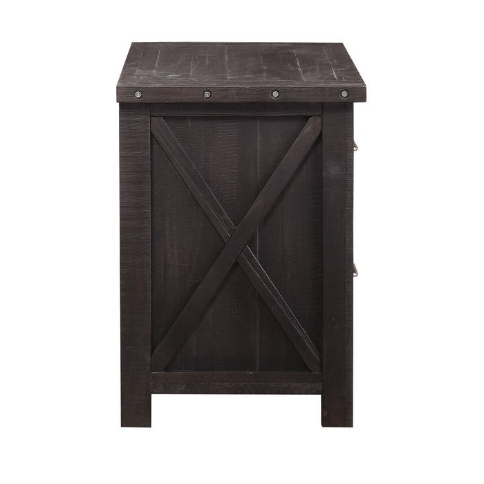 Two Drawer Wooden File Cabinet with Metal Handle Pull and Crossed Side Plank, Cafe Brown