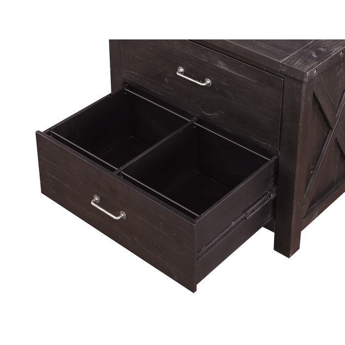 Two Drawer Wooden File Cabinet with Metal Handle Pull and Crossed Side Plank, Cafe Brown