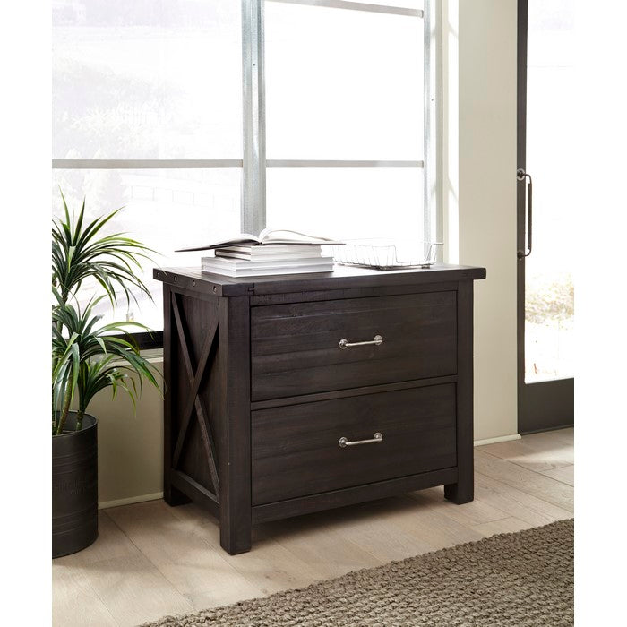 Two Drawer Wooden File Cabinet with Metal Handle Pull and Crossed Side Plank, Cafe Brown