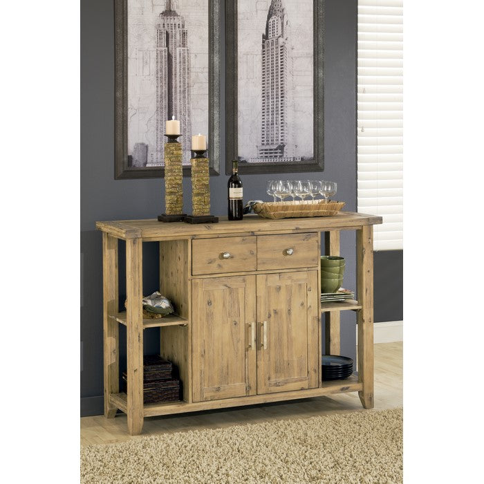 Two Drawers Wooden Sideboard with Four Open Shelves and Double Door Cabinet, Brown
