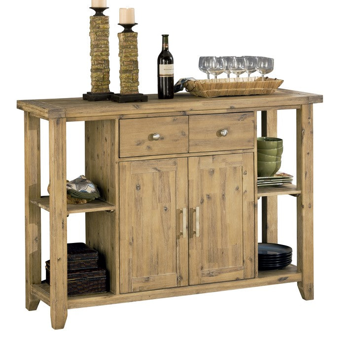 Two Drawers Wooden Sideboard with Four Open Shelves and Double Door Cabinet, Brown