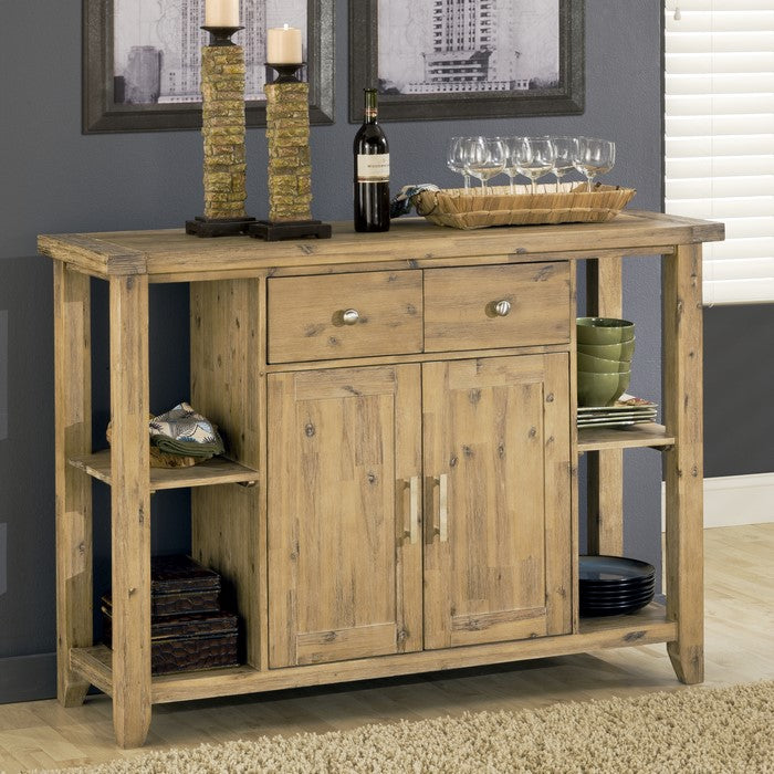Two Drawers Wooden Sideboard with Four Open Shelves and Double Door Cabinet, Brown