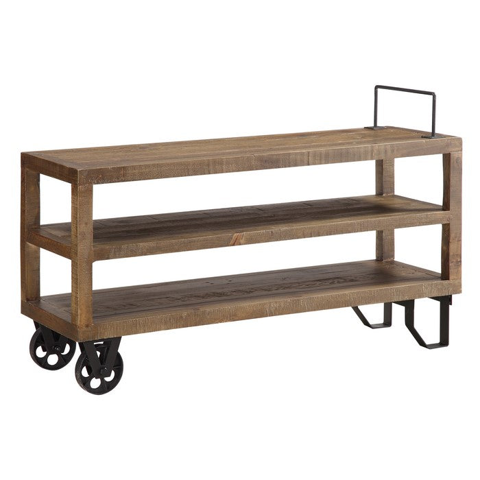 Two Tier  Pine Wood Media Console with Metal Base, Russet Brown