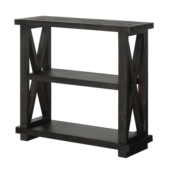 Two Tier Wooden Bookshelf with Exposed Bolts and Rustic Cross Bracing, Cafe Brown