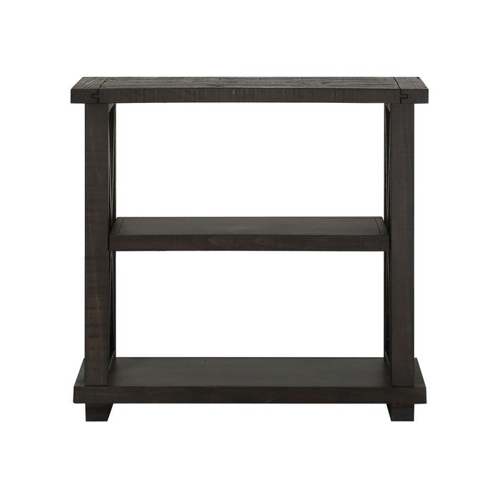 Two Tier Wooden Bookshelf with Exposed Bolts and Rustic Cross Bracing, Cafe Brown