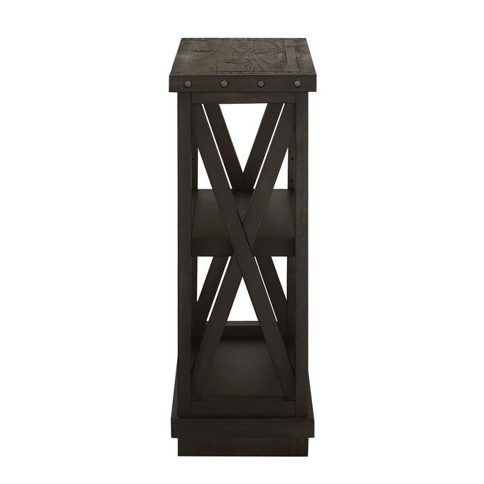 Two Tier Wooden Bookshelf with Exposed Bolts and Rustic Cross Bracing, Cafe Brown