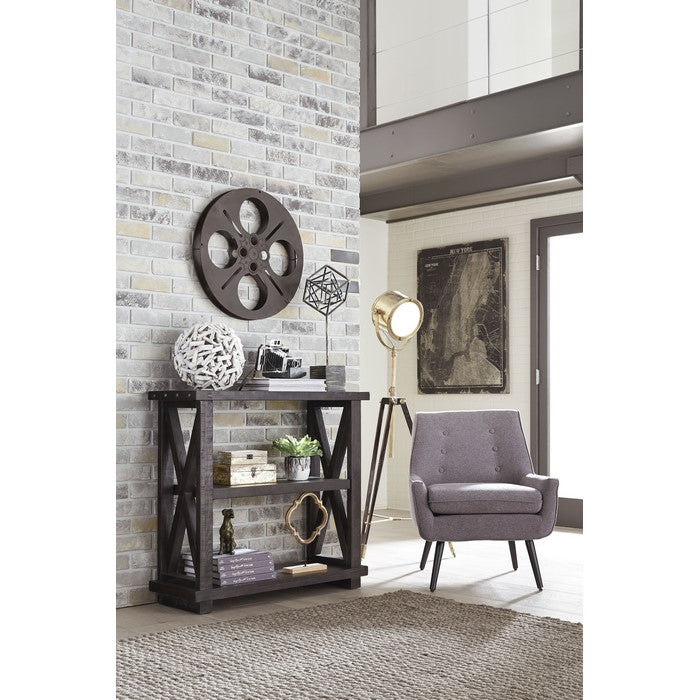 Two Tier Wooden Bookshelf with Exposed Bolts and Rustic Cross Bracing, Cafe Brown