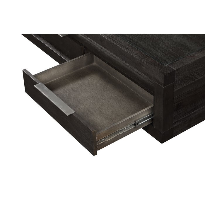 Wooden Coffee Table with Glass Inlay Table Top and Two Drawers, Basalt Gray
