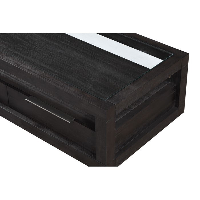 Wooden Coffee Table with Glass Inlay Table Top and Two Drawers, Basalt Gray